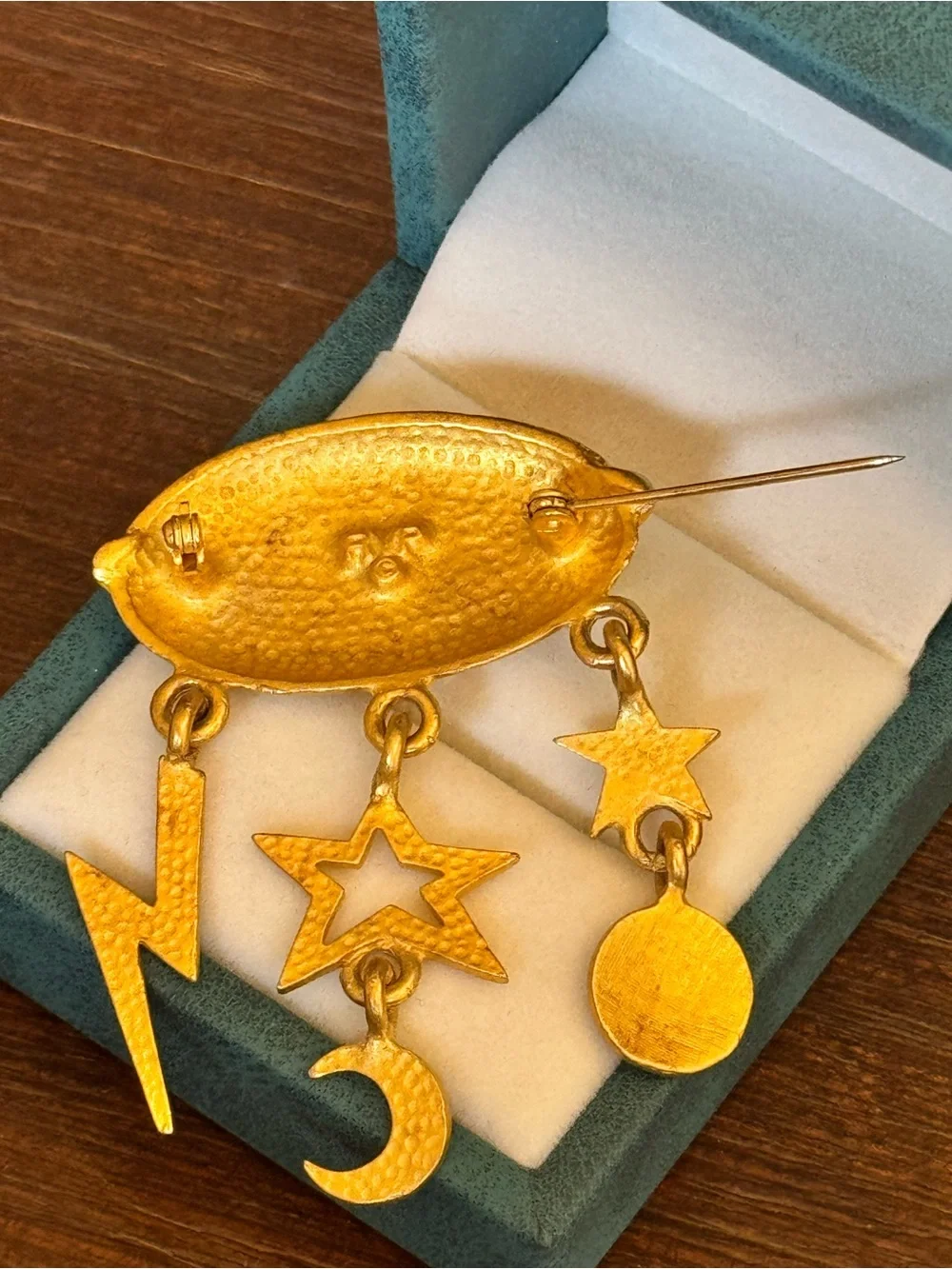 Vtg Signed RVP Matte Gold Celestial Dangle Brooch Moon Star Lightning Bolt Pin